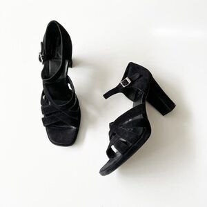 Vintage 90s Square Toe Formal Strappy Sandals Calvin Klein Black Suede Size 10‎